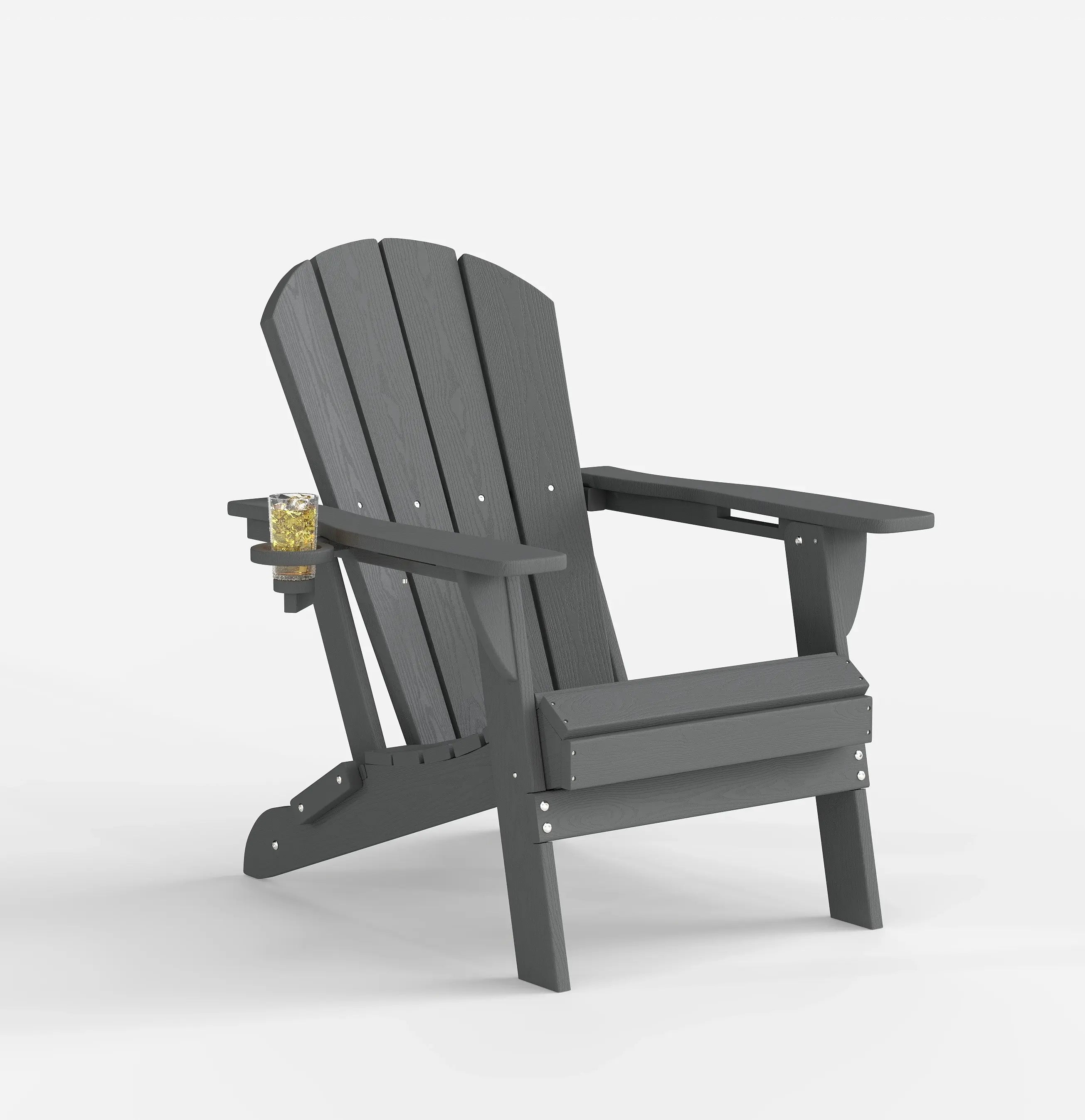 Gray Adirondack chair with cup holder on a white background