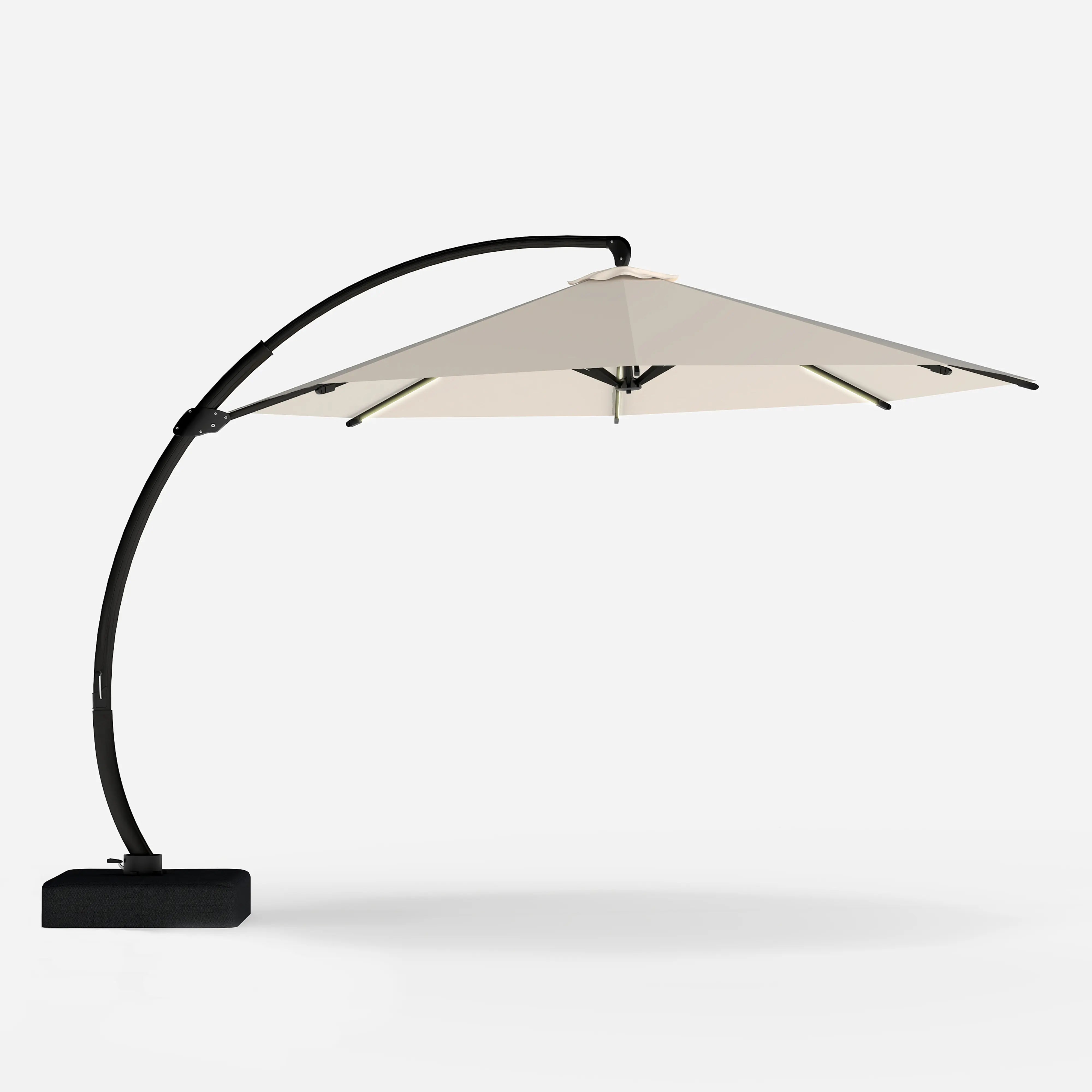 Beige patio umbrella with black curved stand on a white background
