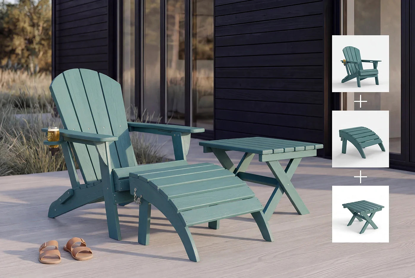 Adirondack chair and table set on a wooden deck with a black wall and outdoor setting.