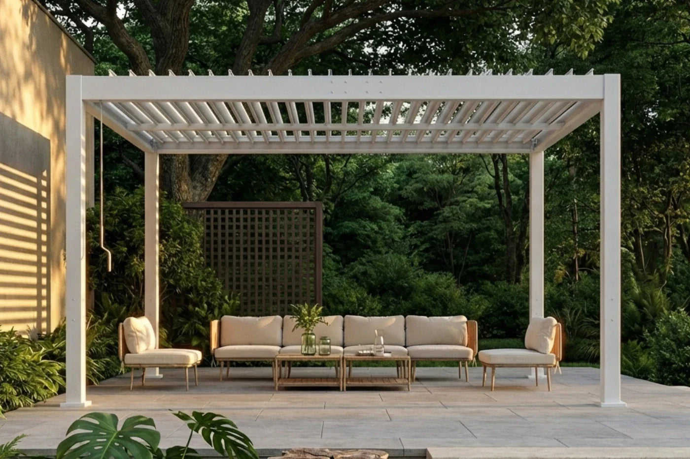 Outdoor patio with pergola, sofa set, and coffee table in a garden setting