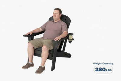 Man sitting in a large black chair with a weight capacity label on a white background