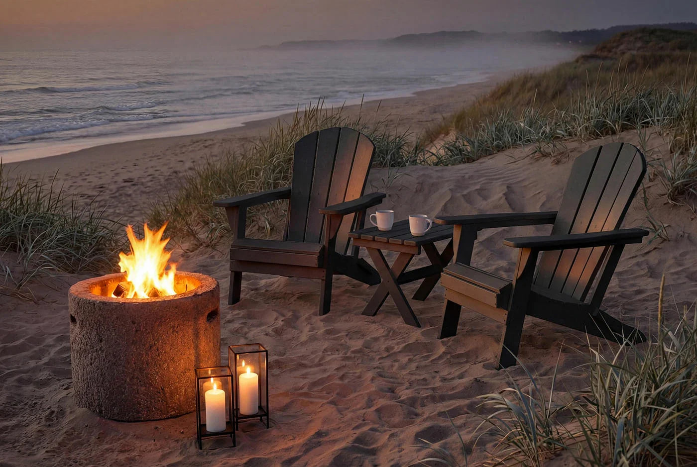 Two Adirondack chairs around a fire pit on a sandy beach at dusk.