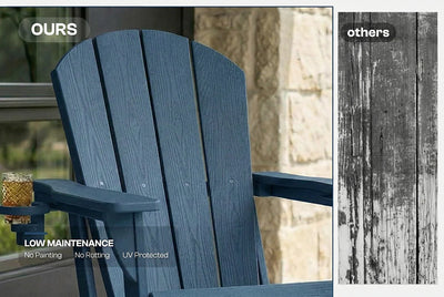 Blue Adirondack chair with text highlighting low maintenance features, next to a comparison of 'ours' vs 'others'.