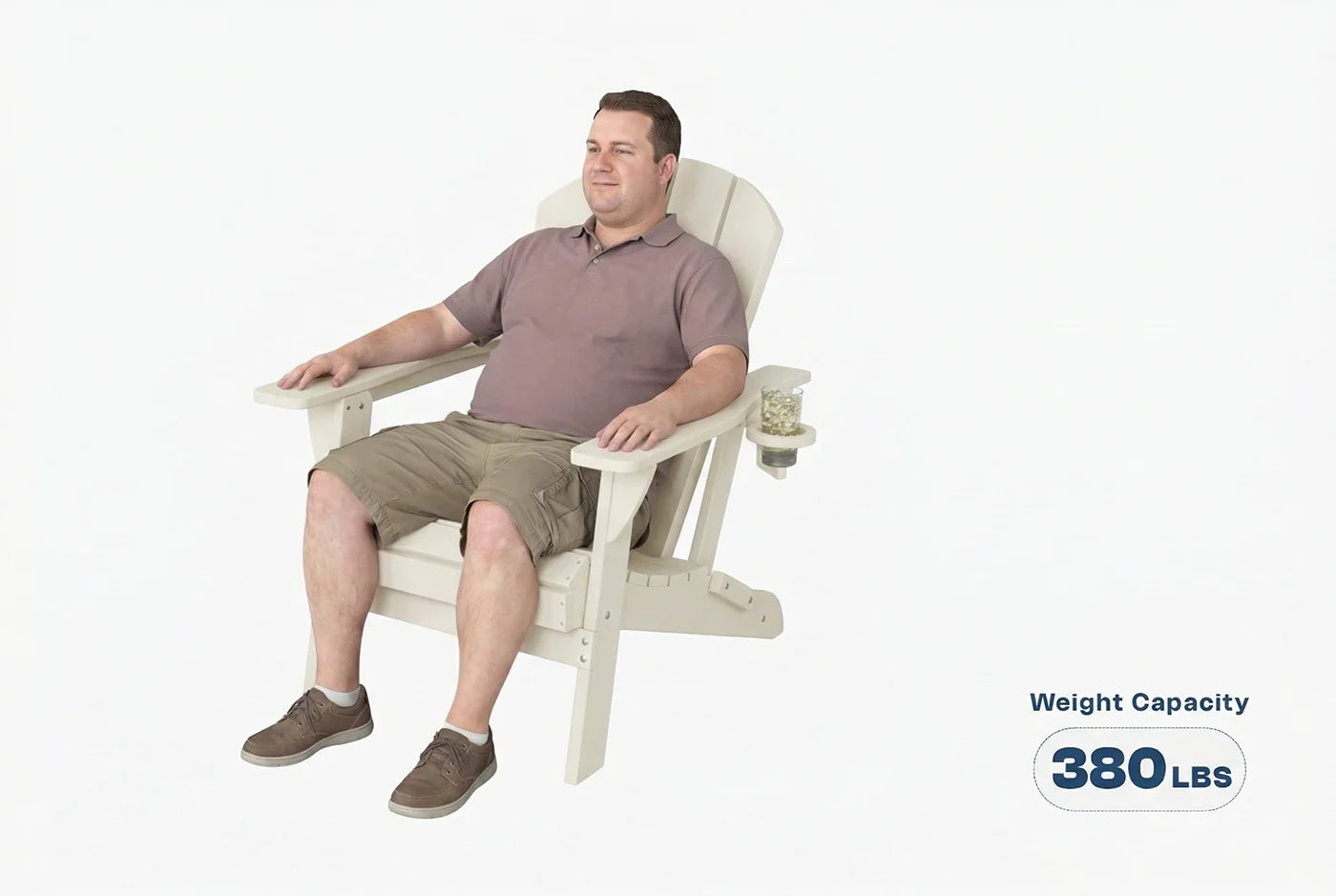 Man sitting on a white chair with a weight capacity label on a white background