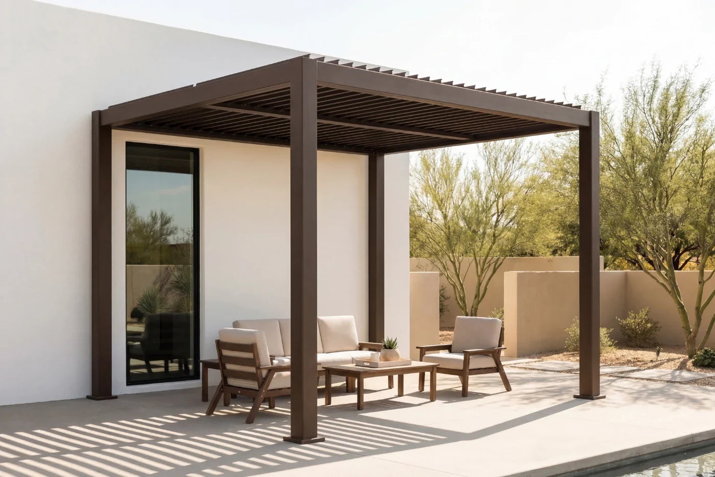Patio with pergola, outdoor furniture, and desert landscape
