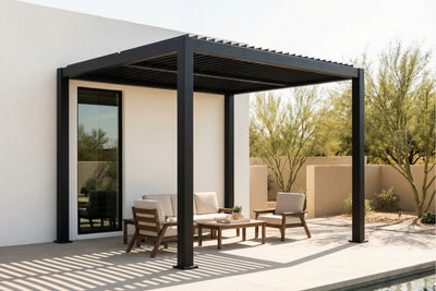 Outdoor patio with louvered pergola, furniture, and desert landscape
